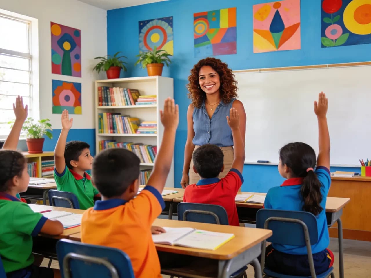 Maestra con alumnos de primaria levantando la mano en un aula luminosa