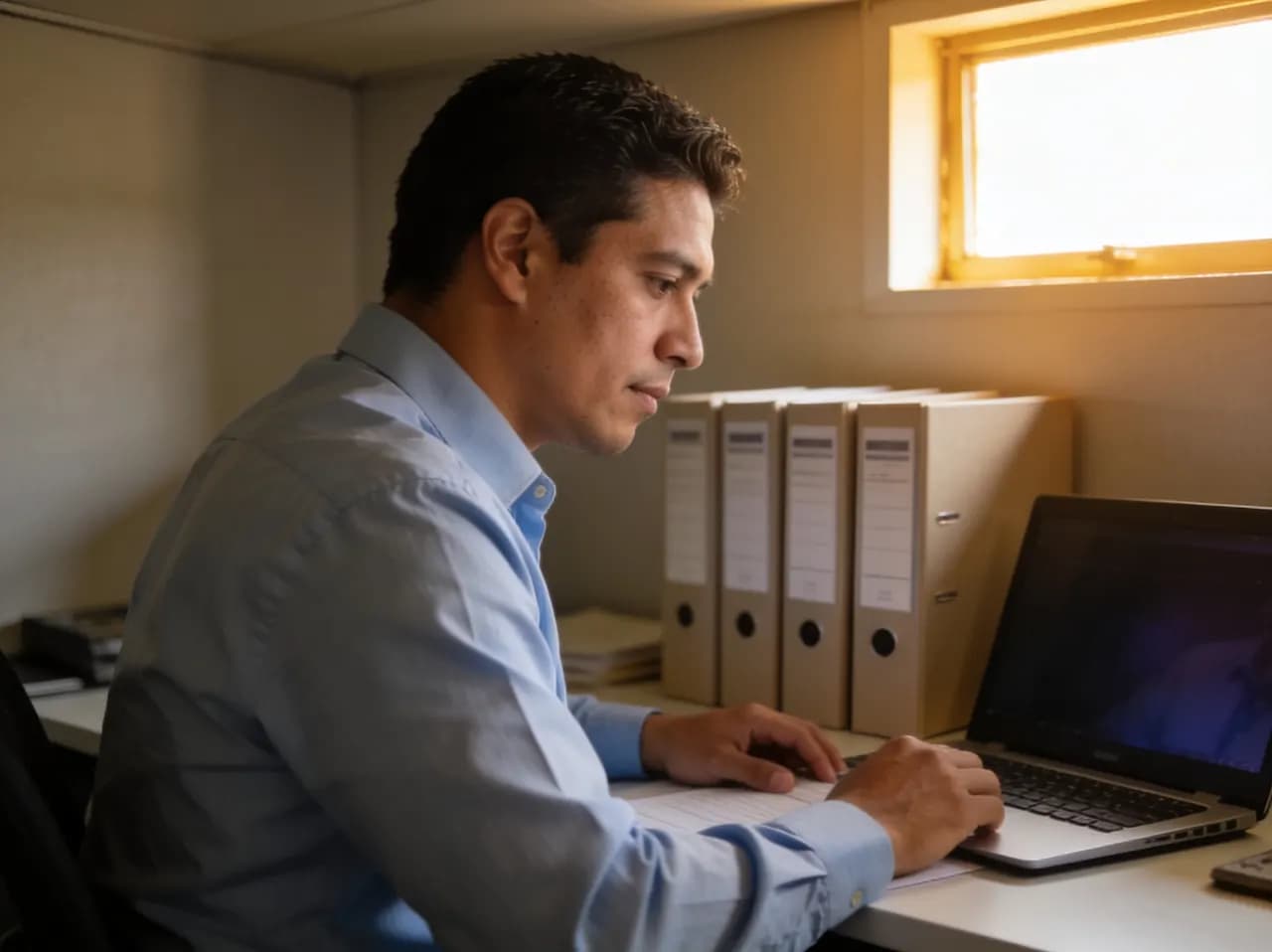 Contador trabajando concentrado en su escritorio con archivadores de varios clientes ordenados
