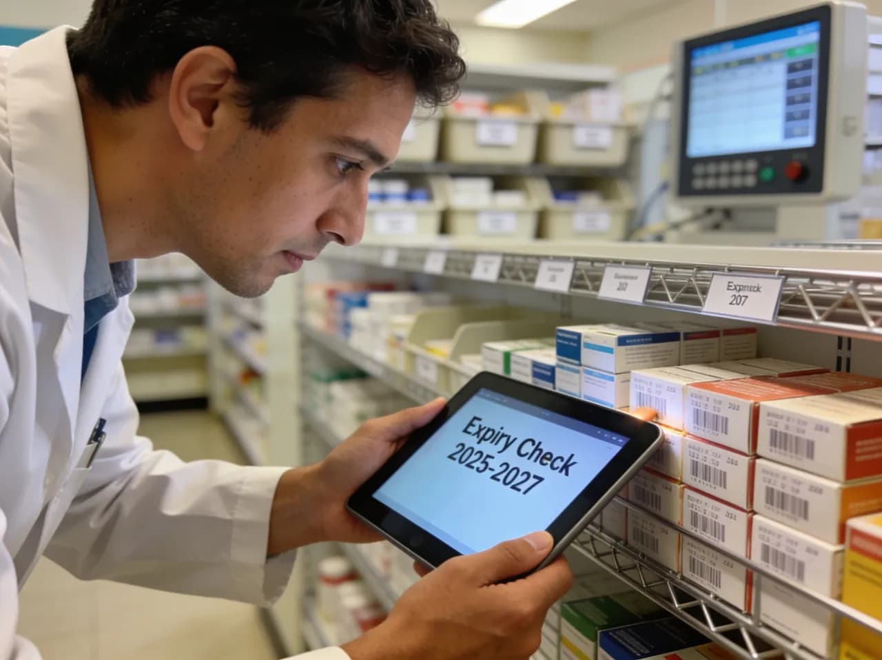 Técnica de farmacia revisando fechas de vencimiento de medicamentos en el estante con una tablet