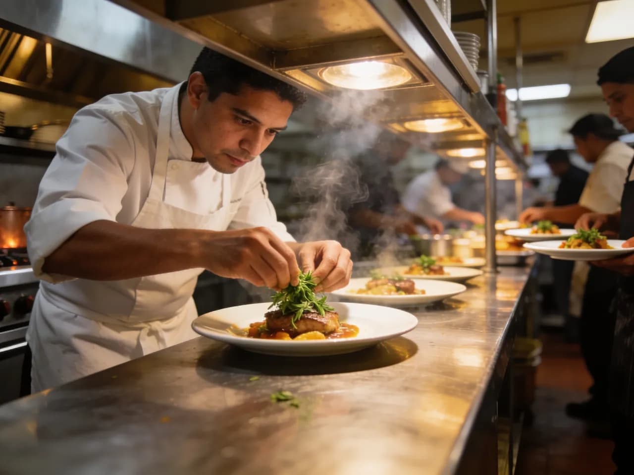 Cocineros emplatando en la cocina profesional del restaurante
