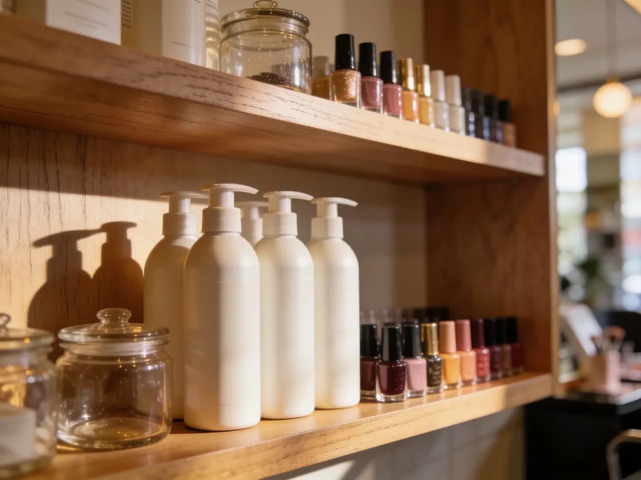 Estantería de madera ordenada con productos profesionales de belleza y esmaltes en un salón