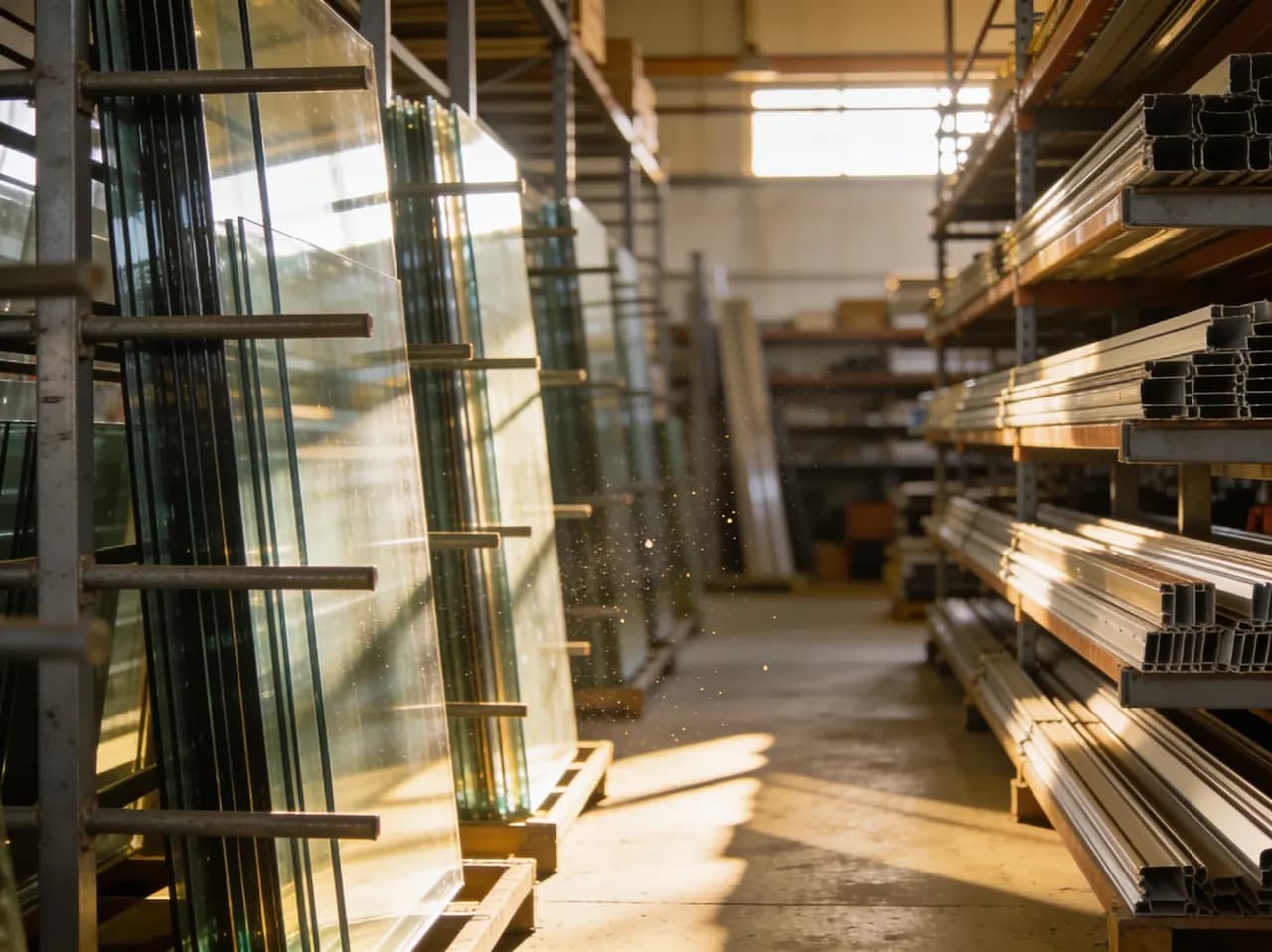 Bodega del taller con láminas de vidrio en racks verticales y perfiles de aluminio ordenados