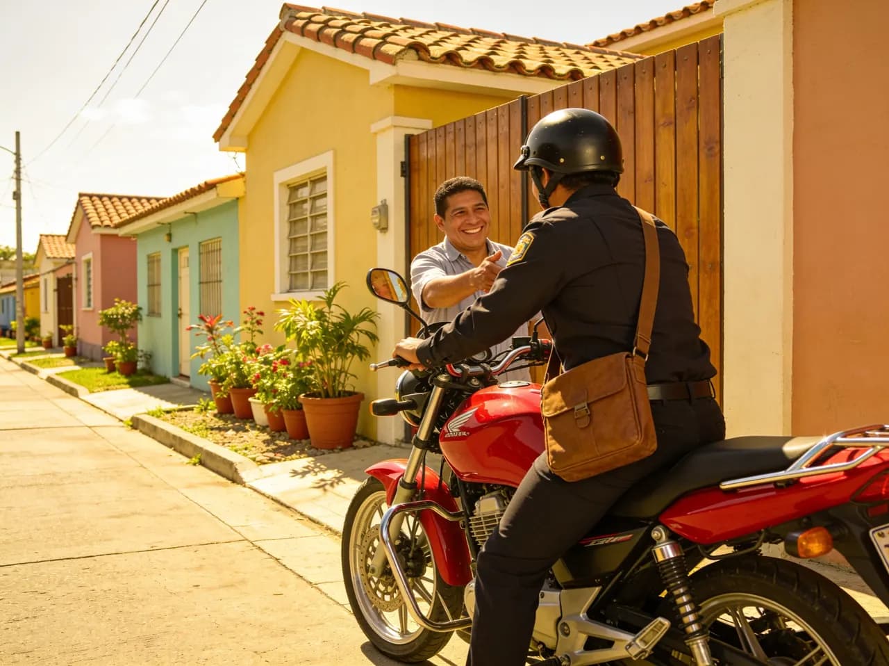 Cobrador en moto saludando a una clienta en el portón de su casa en una colonia residencial