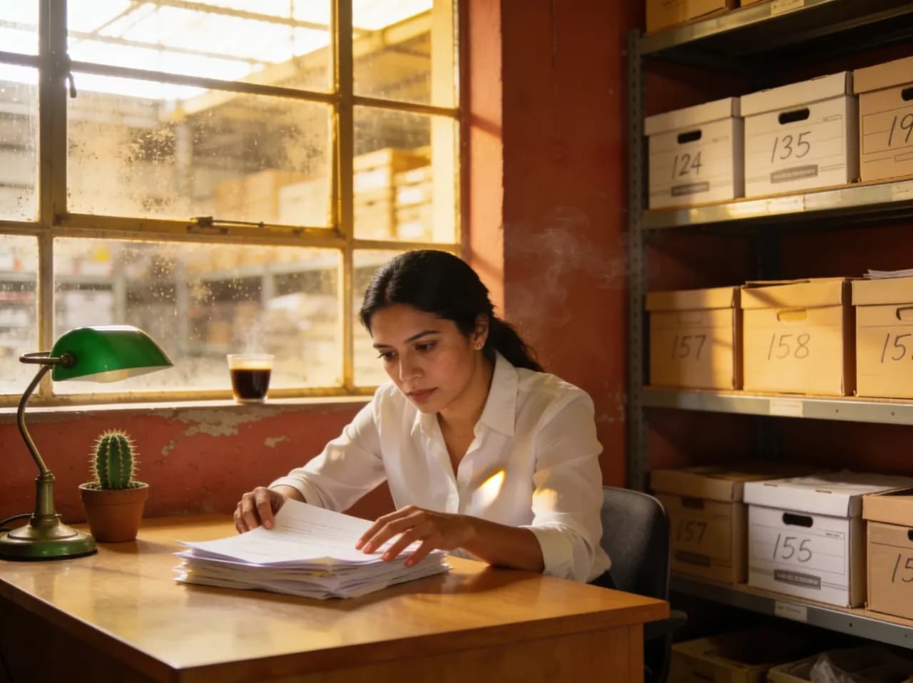 Administradora del almacén revisando documentos de cartera en su escritorio ordenado