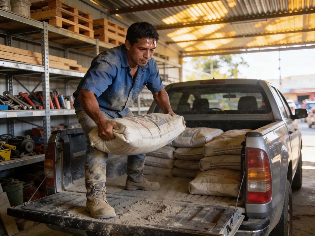 Trabajador cargando bolsas de cemento en un pick-up en el área de carga de la ferretería