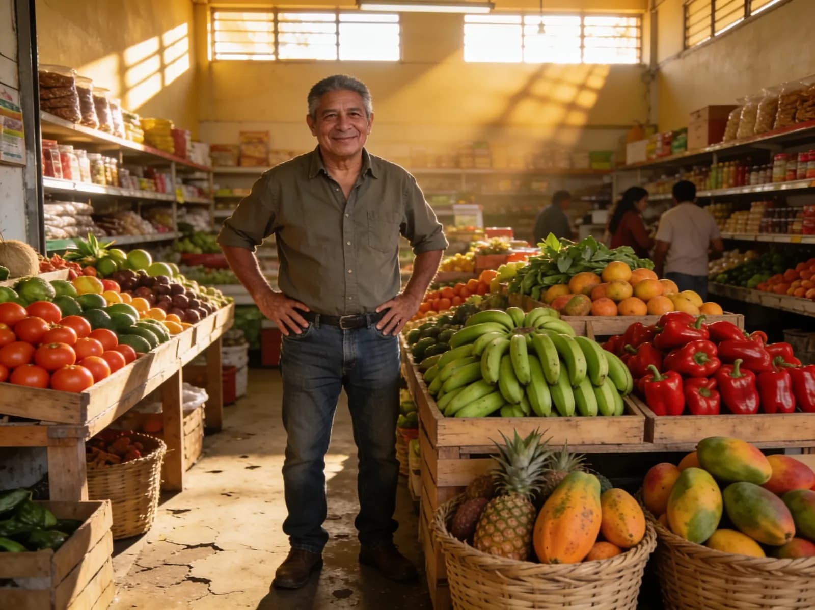 Dueño de un supermercado de barrio en el pasillo de frutas y verduras de su negocio