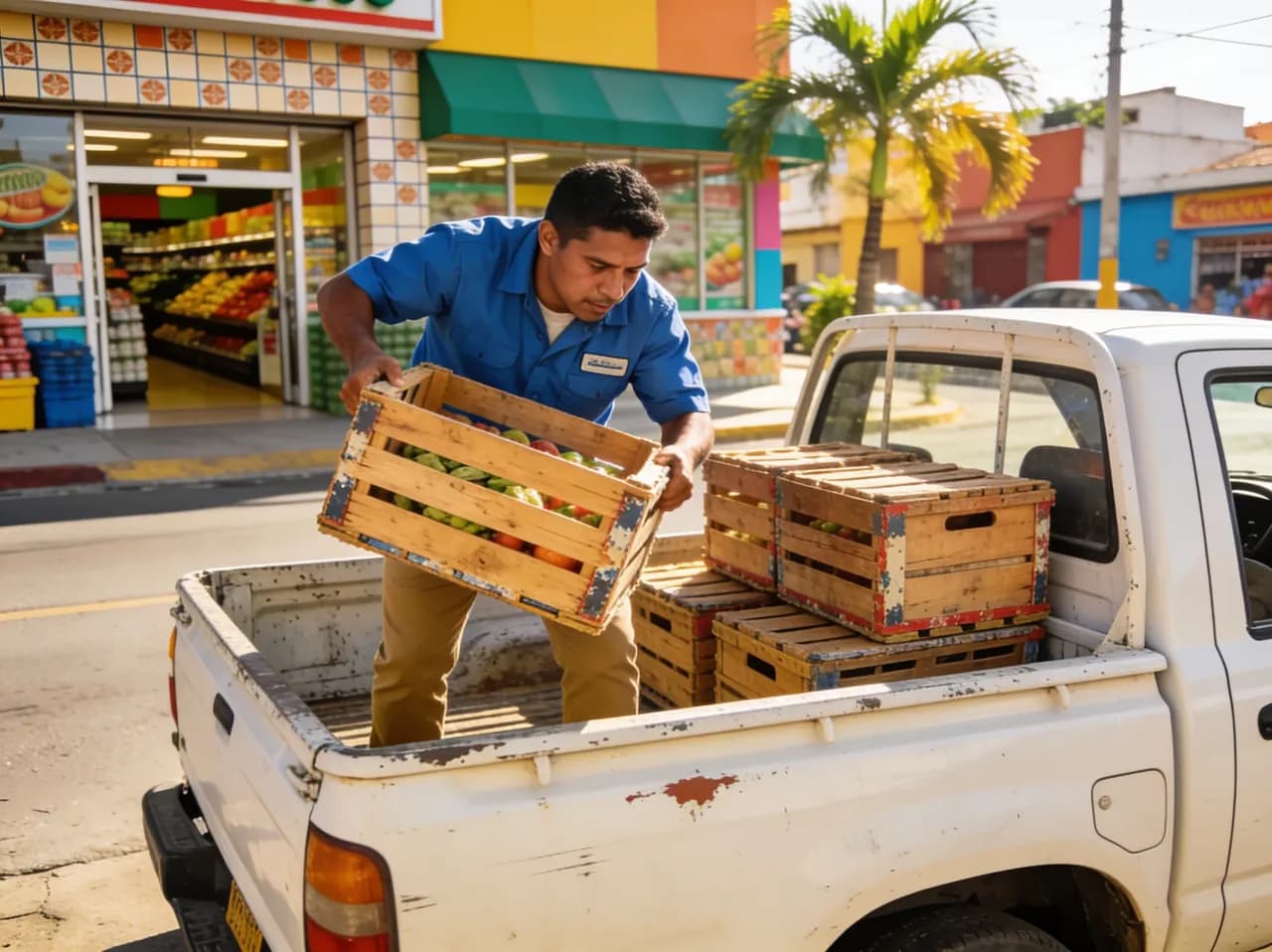 Repartidor cargando canastas con productos en un pick-up frente al supermercado